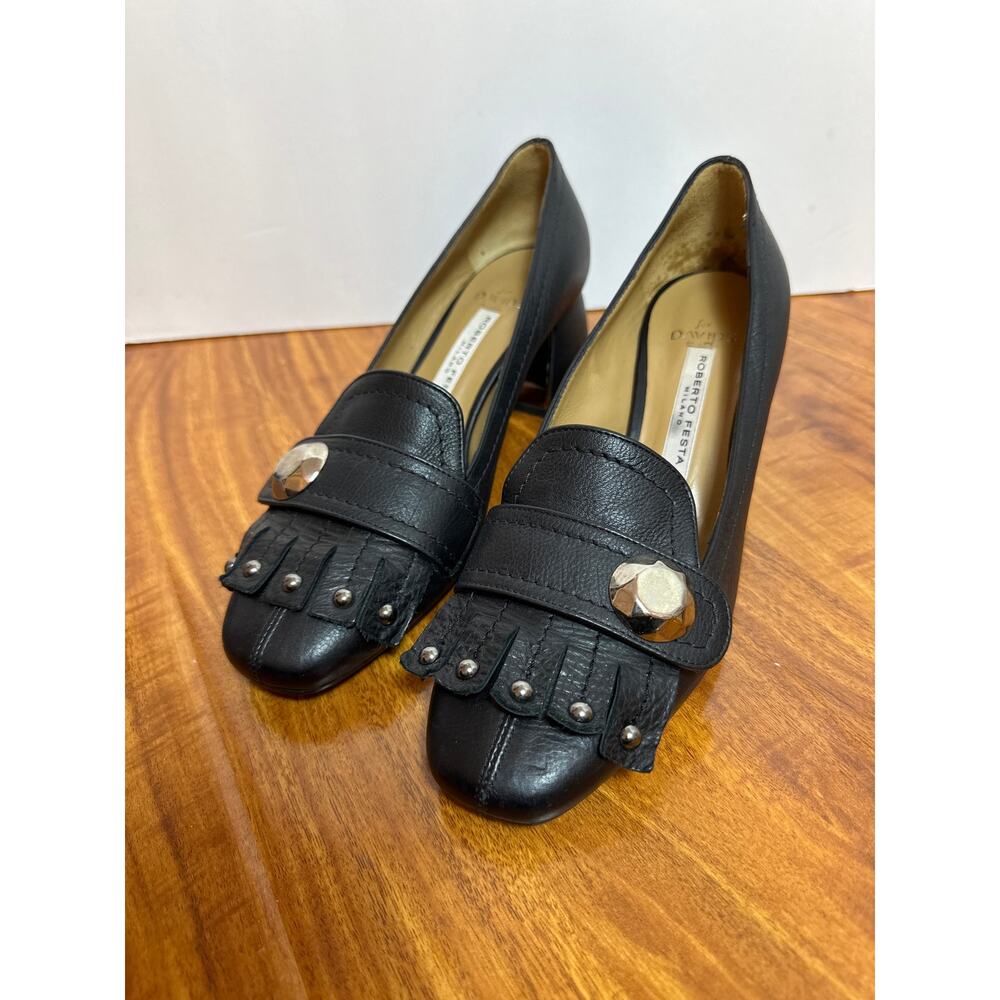 Roberto Festa Womens Black Heels Pumps Dress Shoes Block Heel Fringe Studded‎ 8